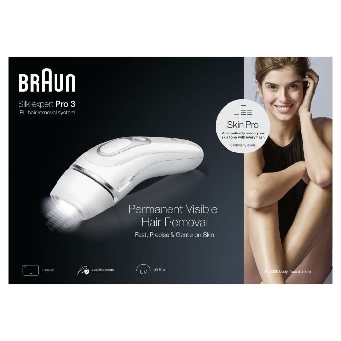 Pulsed light epilator - BRAUN - PL3020 - 3 intensity levels - 300,000 flashes - Face and body