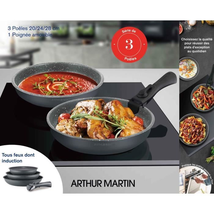 Arthur Martin AM521gm kitchen battery set with 3 stoves - matt gray 20-24-28 cm + 1 removable handle - All lights including induction