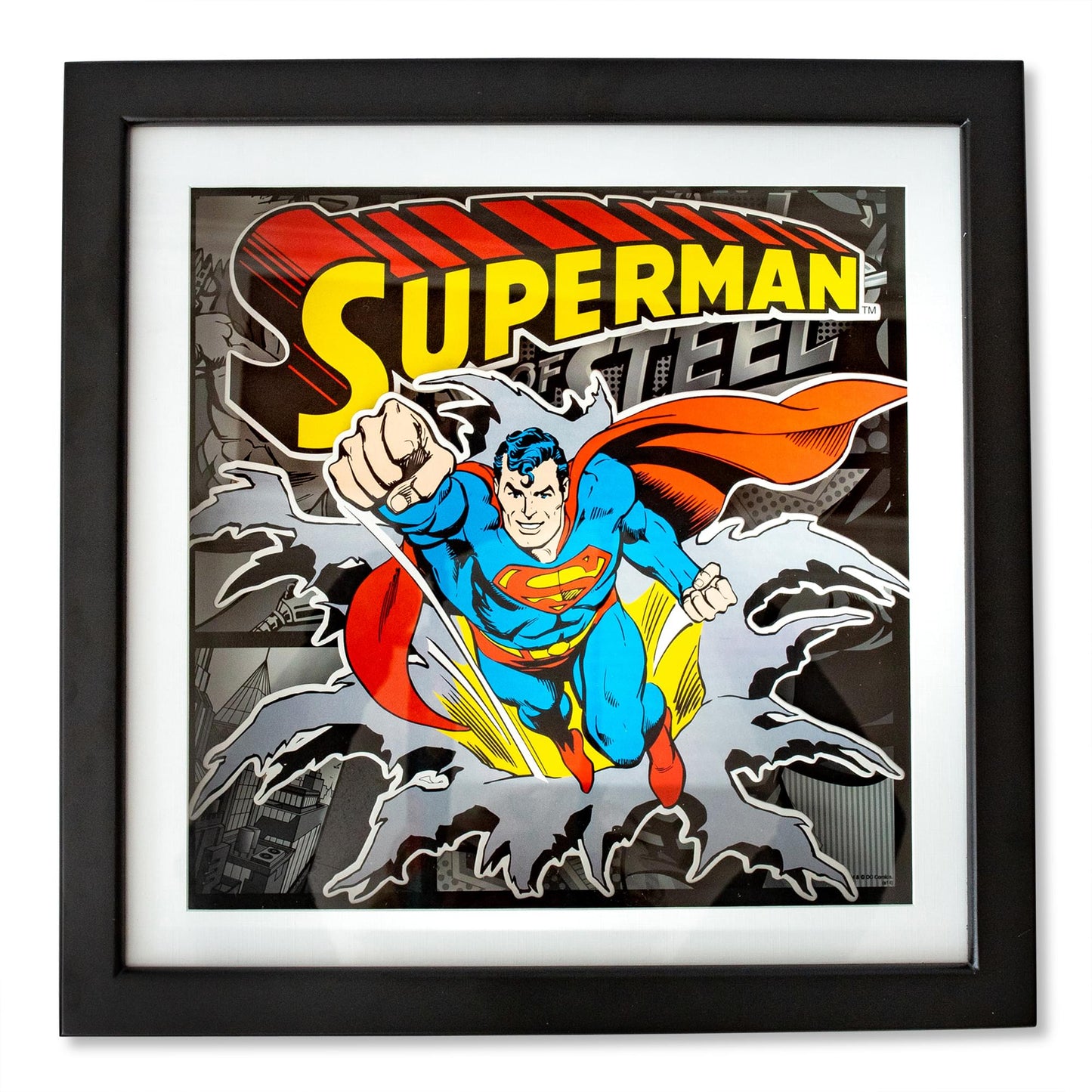 DC Comics Superman "Man of Steel" Wood Frame 3D Shadow Box Wall Art | 15 x 15 Inches