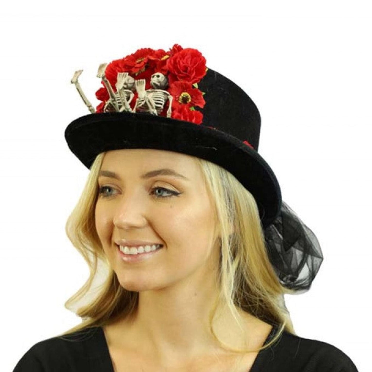 Day of the Dead Skeleton Couple Adult Costume Top Hat with Red Roses