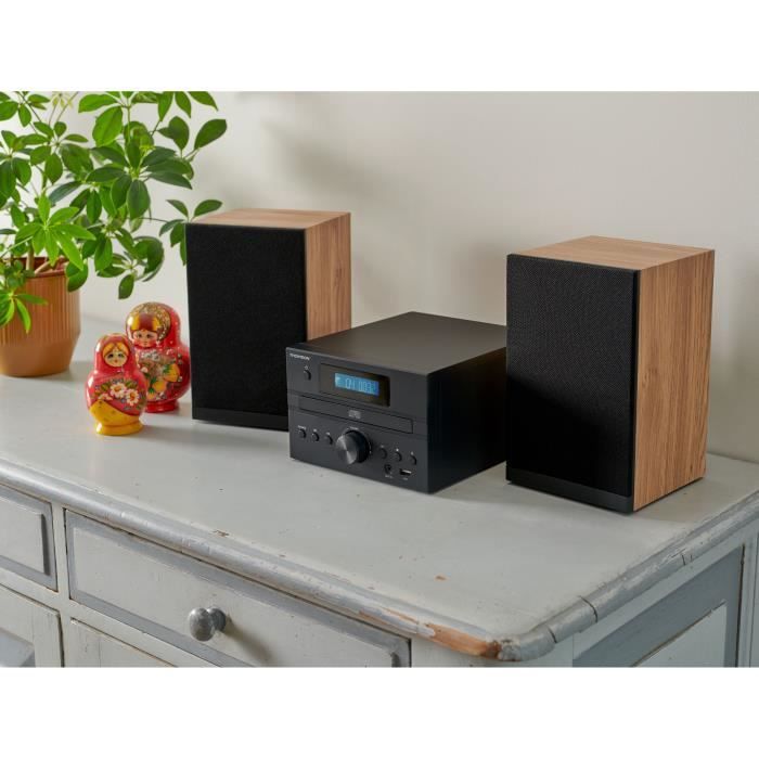 Bluetooth Micro-system - THOMSON - Wood/Black - FM/CD/MP3/USB radio, 20W RMS, FM RDS tuner, Headphone jack, Remote control, 230V power supply