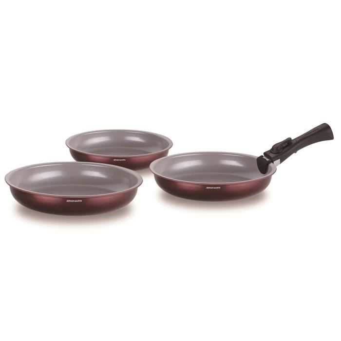Set of 3 frying pans - ARTHUR MARTIN - AM8866 - All hobs including induction - 20/24/28 cm + 1 handle - Aluminum - Ceramic coating