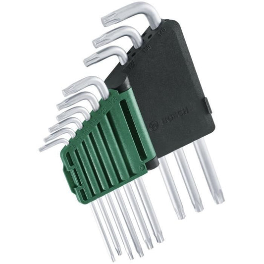 Bosch 9-Piece Torx Key Set (S2 Steel Multi-Keys TX8-TX40 Long Side Rust-Proof Surface, Storage Bar)