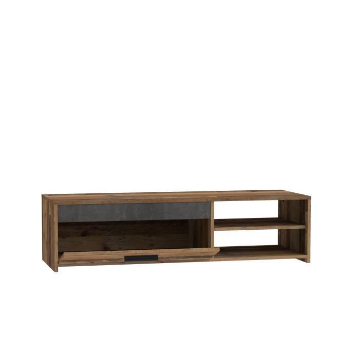 TV unit 1 drawer 2 niches - Old wood and dark gray concrete decor - L 120 x D 42.1 x H 31.8 cm - PACO