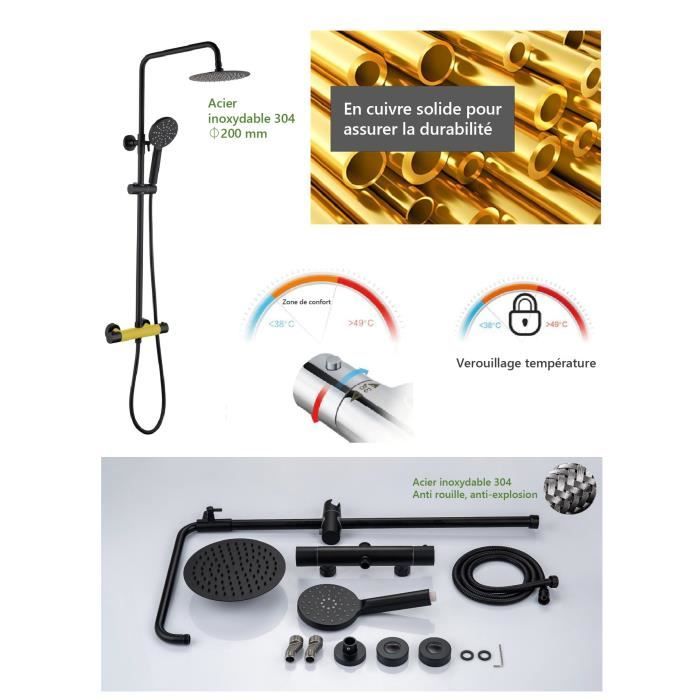 Oceanic shower column - Thermostatic mixer - High round apple diameter 20 cm - matt black