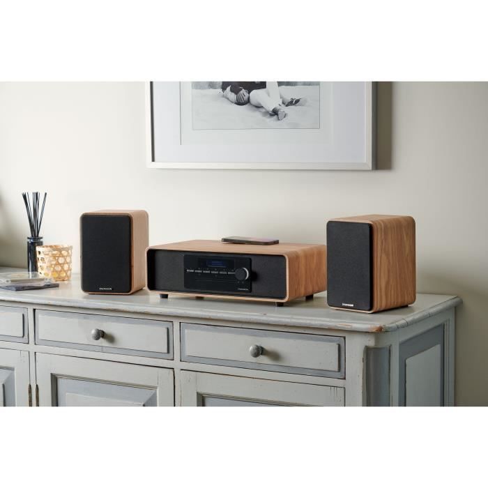 Bluetooth Micro-system - THOMSON - Wood/Black - FM/DAB+/CD/MP3/USB/Induction Radio, 75W, LCD Display, Remote Control, 230V Power Supply