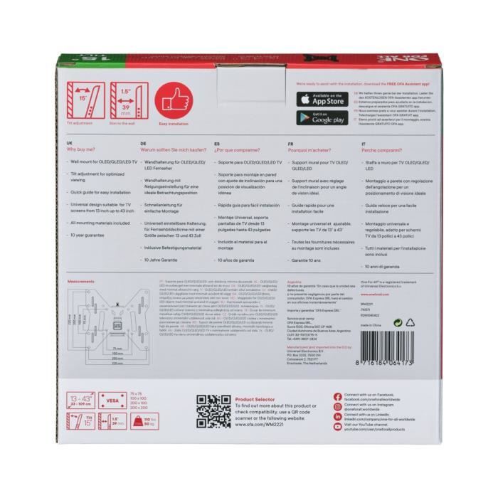 ONE FOR ALL WM2221 Smart TV Stand 33-102 cm (13-40 '') - Max. : 50kgs - Reclining 15 ° - 10 year warranty