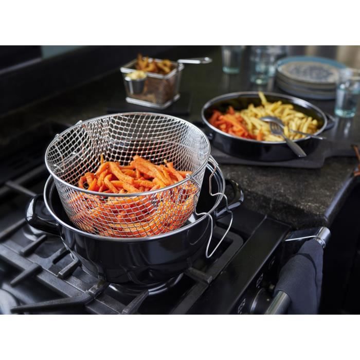 26 cm black enamel fryer with basket and glass lid