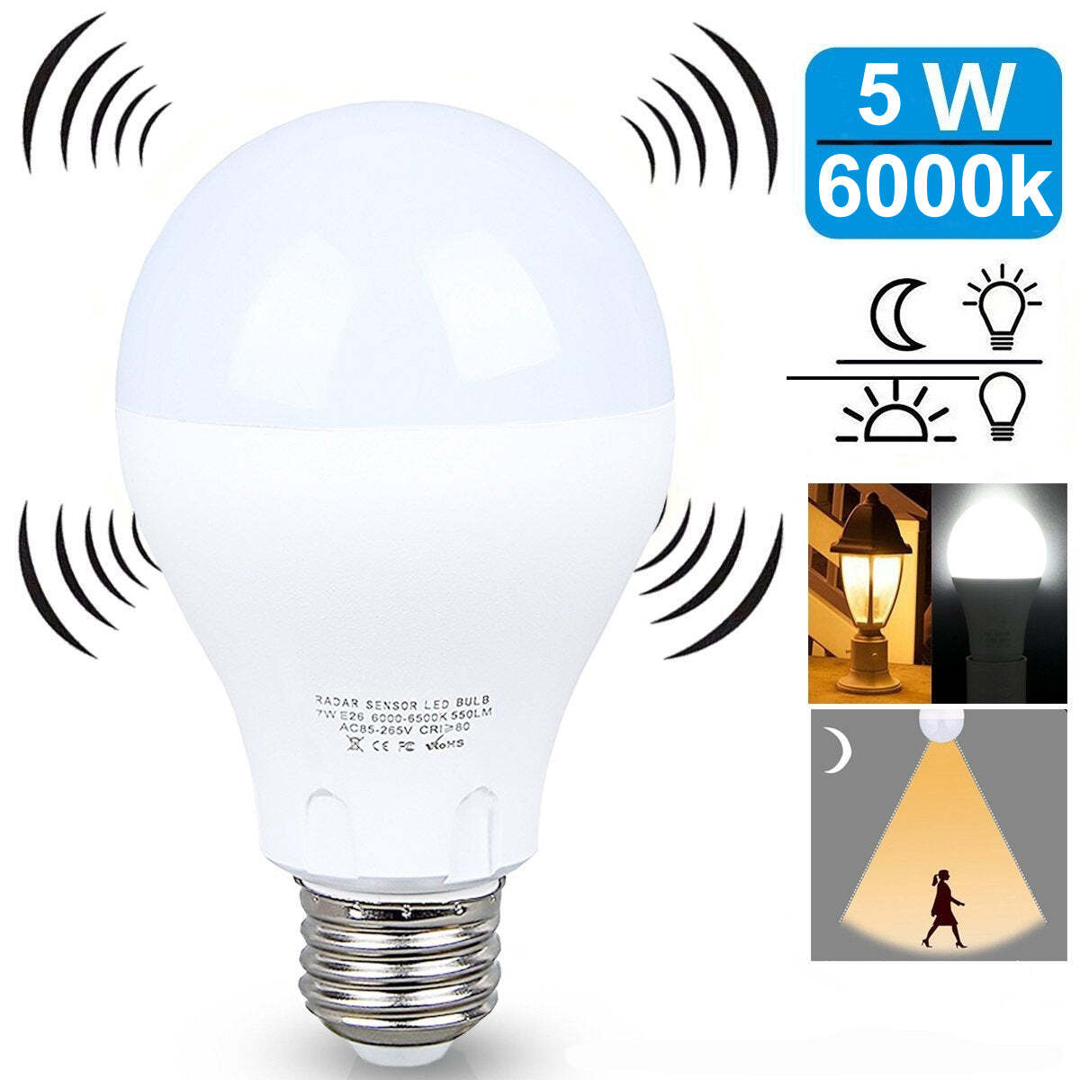 COLOR: BRIGHT WHITE (DAYLIGHT),PACK: 6-PACK - LED LIGHT BULB W/ RADAR MOTION SENSOR 180 Deg 5w/50 Watts