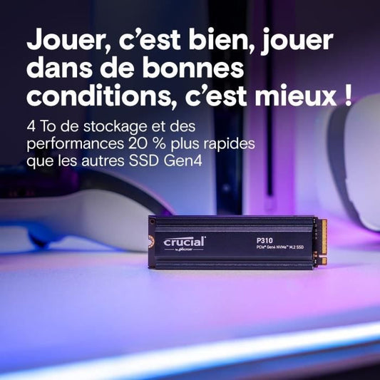 CRUCIAL - P310 - Internal SSD - 4 TB - PCIe Gen4 NVMe M.2 - With heatsink - Read speed up to 7100 MB/s - CT4000P310SSD5