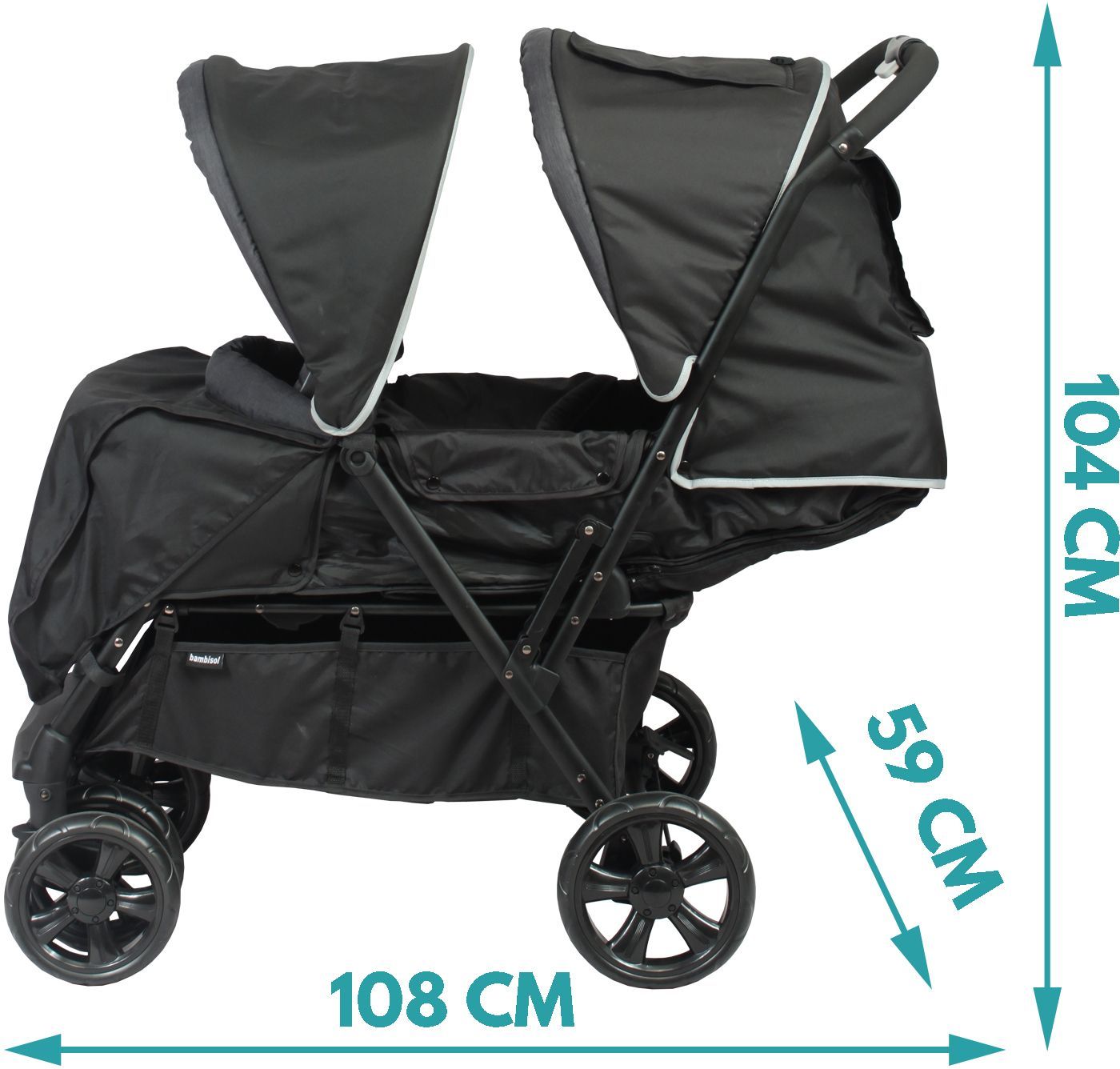 BAMBISOL Double Stroller - Fully equipped - Rain cover included - Easy folding