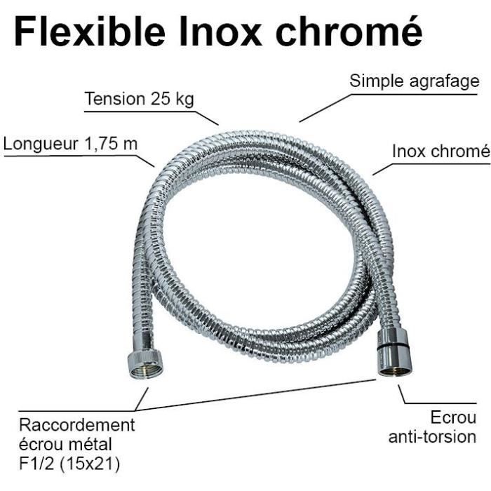 Shower hose - ROUSSEAU - Anti-twist metal nuts - Pressure 1 bar - Length 1.75m - Double-stapled chrome-plated stainless steel