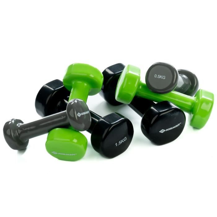 Dumbbell set - SCHILDKROT - 2 x 0.5kg anthracite - 2 x 1.0kg lime green - 2 x 1.5kg black - cast iron + vinyl - Suitcase with handle