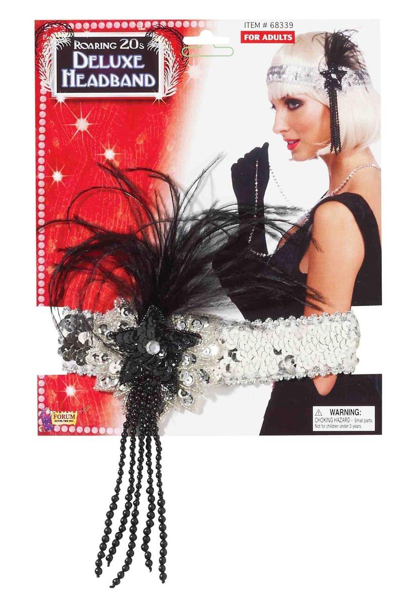 Silver Sequin Adult Costume Flapper Headband With Black Feathers One Size
