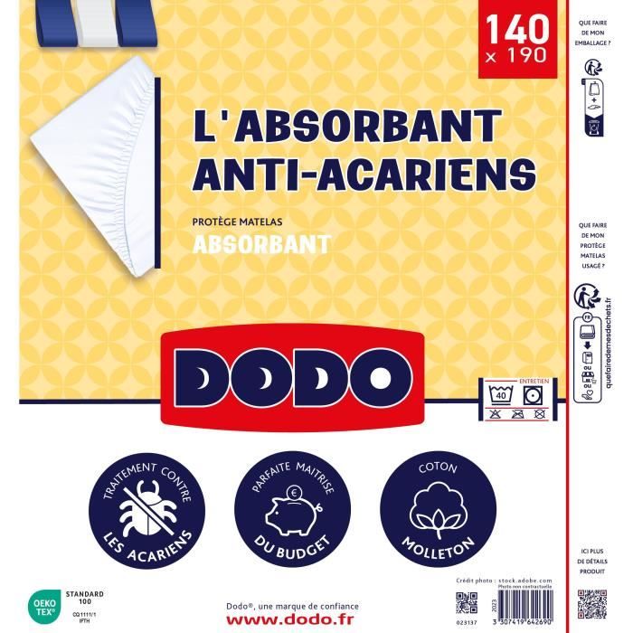 Absorbent mattress protector - 140x190 cm - Cotton - Anti -mite