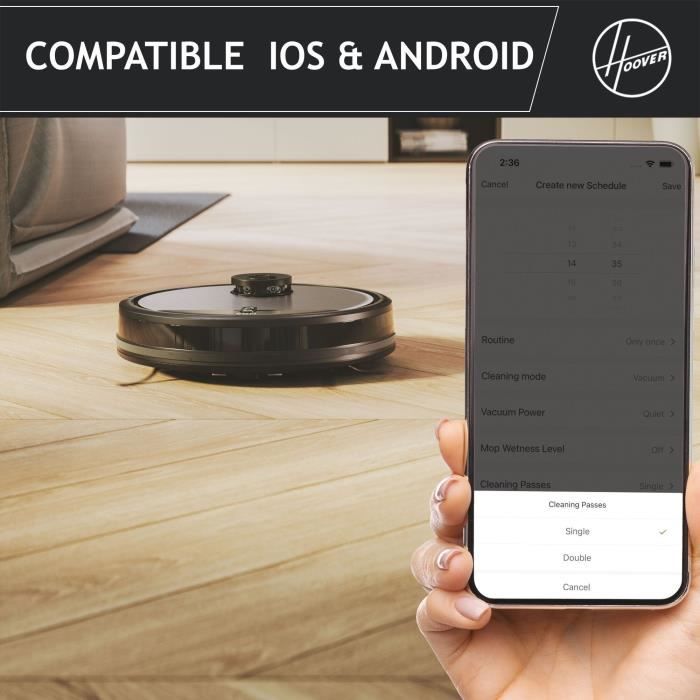 Hoover HG510D Dry Robot Vacuum Cleaner - WIFI - Laser Navigation - XL Brush - 90min Autonomy - Powerful - Ultra Quiet 68 dBA