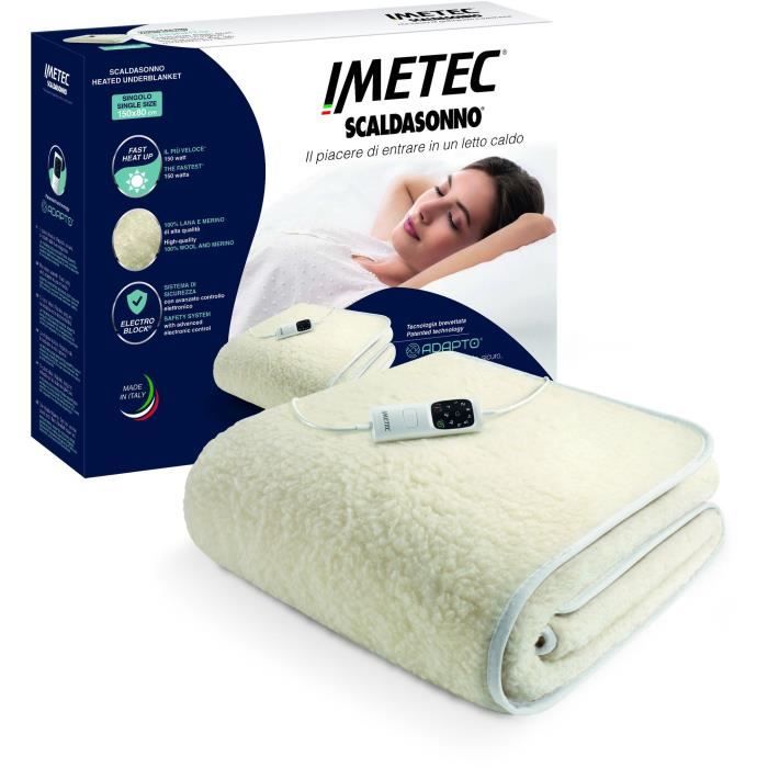 Heated Mattress Topper - Imetec - 1 Place 100% Wool and Merino, 150 x 80 cm - Rapid Heating - 6 Temperatures - Constant Temperature