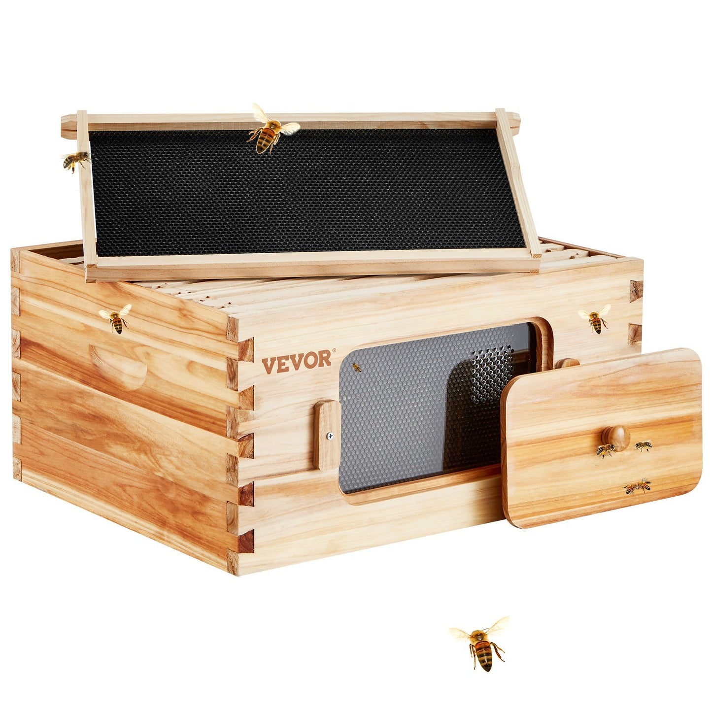 Bee Hive Deep Box Starter Kit, 100% Beeswax Coated Natural Fir Wood, Langstroth Beehive Kit with 10 Frames and Foundations, Transparent Acrylic Bee Windows for Beginners and Pro Beekeepers