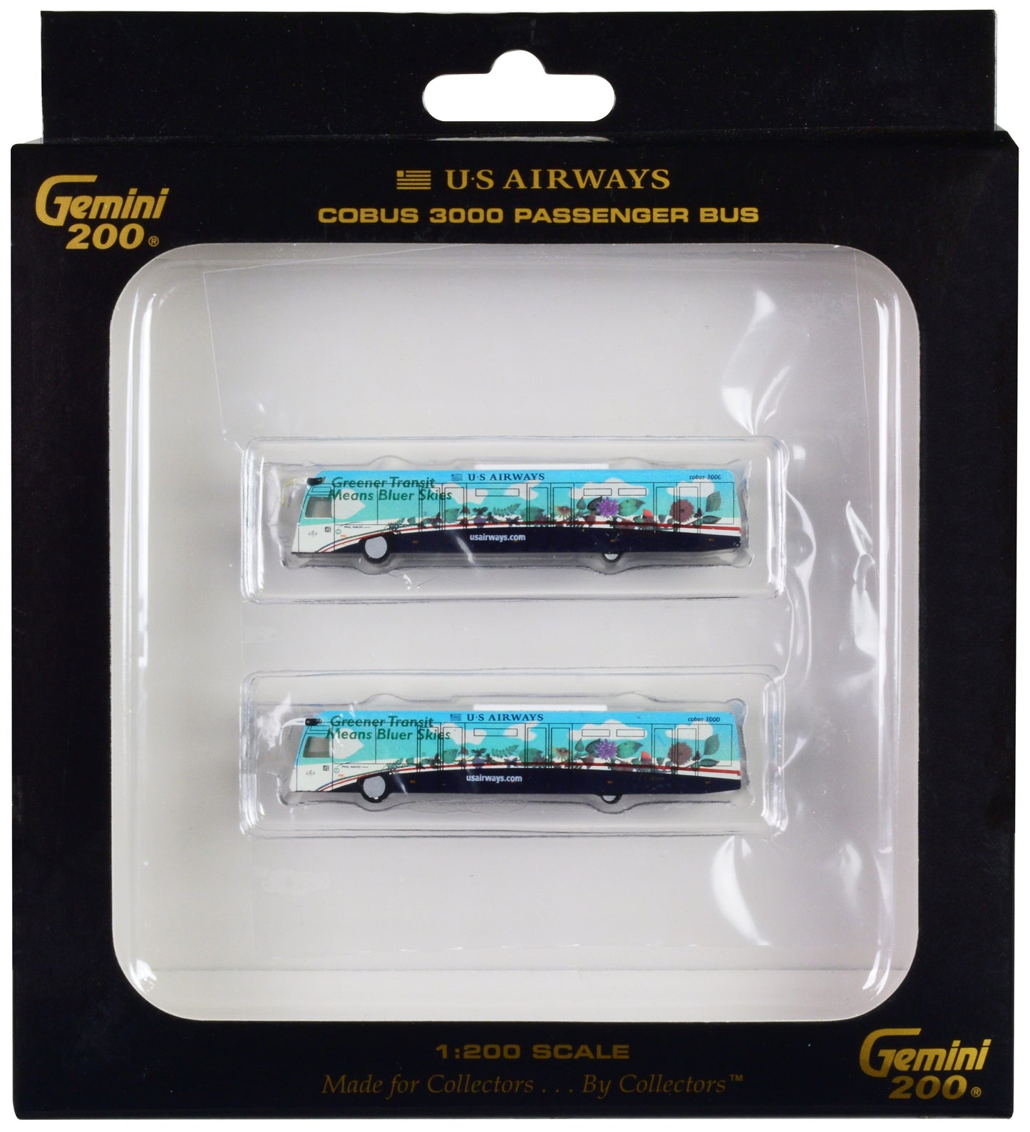 Cobus 3000 Passenger Bus White and Blue with Graphics "US Airways Shuttle Bus - Greener Transit" 2 Piece Set "Gemini 200" Series Diecast Models by GeminiJets