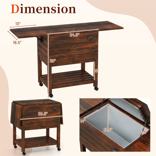 54 Quart Wooden Cooler Cart for Patio Rolling Ice Chest with Shelves-Brown