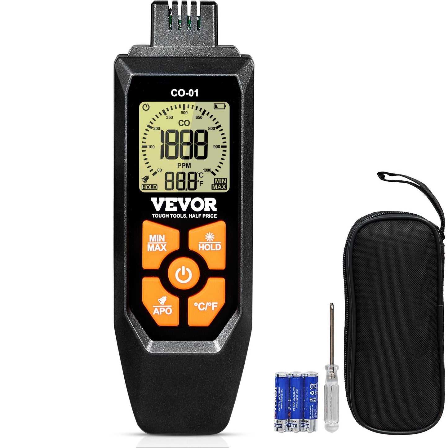 VEVOR Carbon Monoxide Detectors, 0-1000PPM CO Detector with Audible & Visual Alarm, Portable CO Gas Meter Tester with Temperature Sensor, LCD Backlit Screen for Home / Industrial (3 x Battery Include)