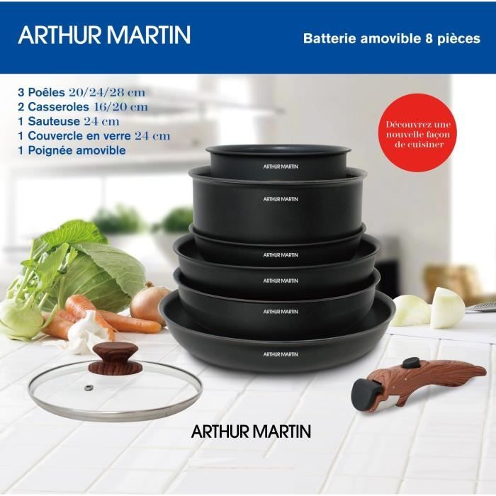 8 -room kitchen battery Arthur Martin - aluminum - wooden handle - All lights including induction