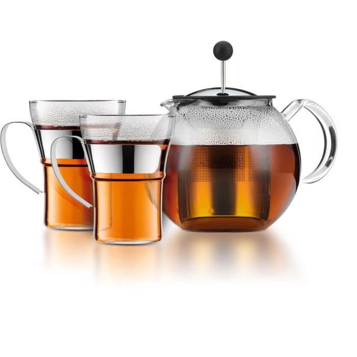 Teapot with press - BODUM - ASSAM SET - 1.0 l with lid, stainless steel filter + 2 glass cups with stainless steel handles 0.35 l