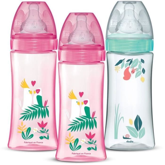 Set of 3 anti-colic baby bottles - DODIE - Anti-colic - Round teats - 330 ml - +6 months - 3 speeds - Flow 3 - Pink and green
