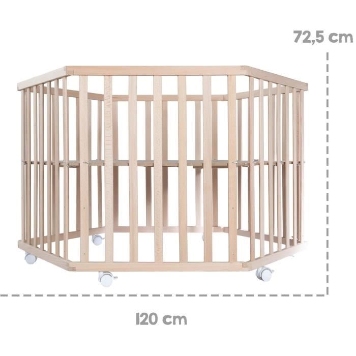 Hegaxonal Baby Playpen - ROBA - LIEBHABEAR - Height Adjustable - Removable Base - 6 Braked Wheels - Natural Wood - Teddy Bear Pattern