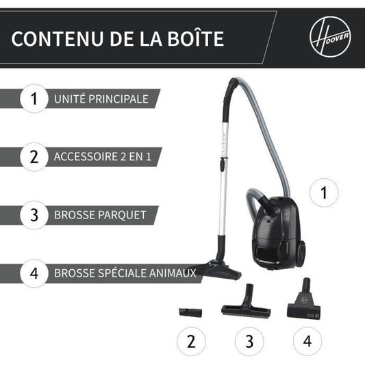 HOOVER HE1 - Compact and Powerful Bagged Cylinder Vacuum Cleaner - Large 2.5L Capacity - High Performance on Hard Floors and Carpets
