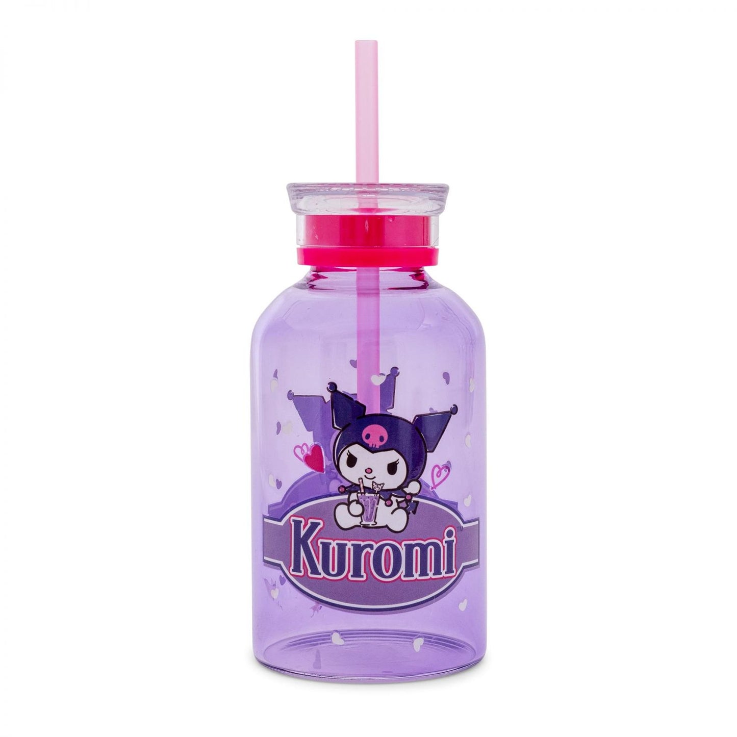 Sanrio Kuromi Hearts Glass Milk Bottle With Straw | Holds 15 Ounces