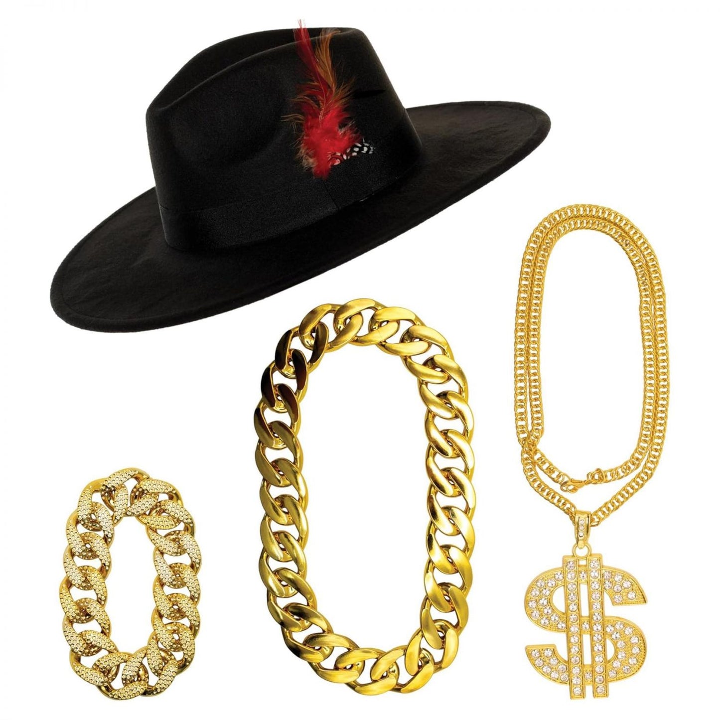 Pimp 4-Piece Adult Costume Accessory Kit | Black Hat & Chains