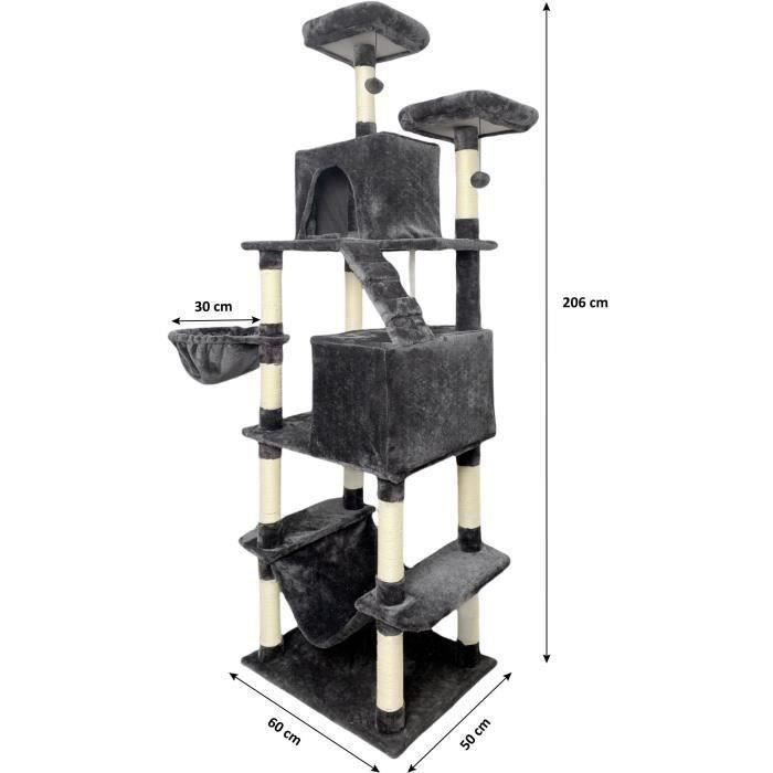 TAYLOR Cat tree - 60 x 50 x 206 cm - Dark grey - 2 platforms, 1 perch, 2 cabins, 1 hammock