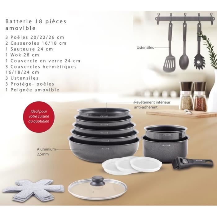 Cookware set - All hobs including induction - ART & CUISINE - AC1824 - Aluminum - 18 pieces - Non-stick - Removable handle