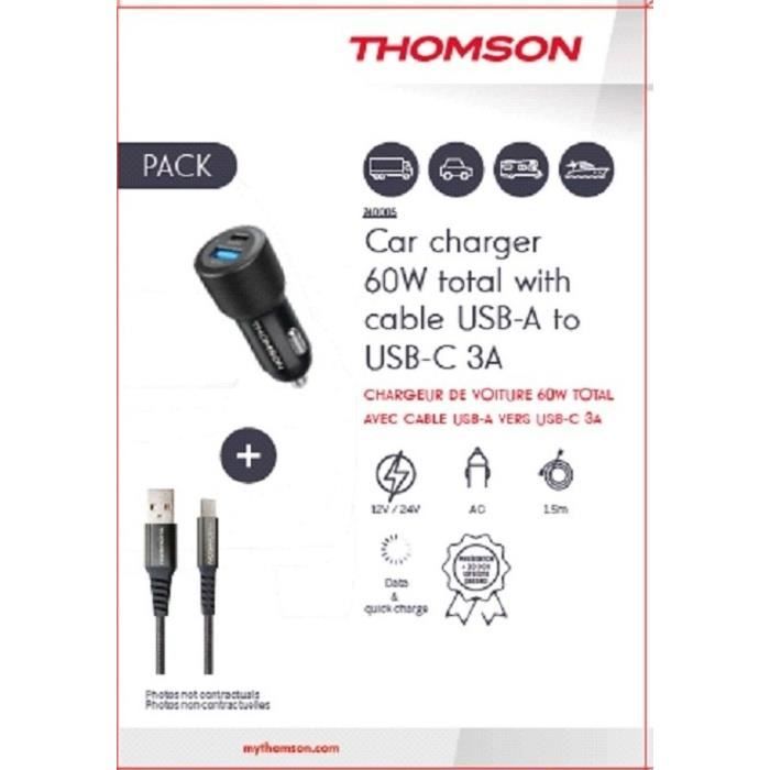Charger + cable pack - THOMSON - 60 W car charger - USB-A to C 3A cable - length 1.5 m
