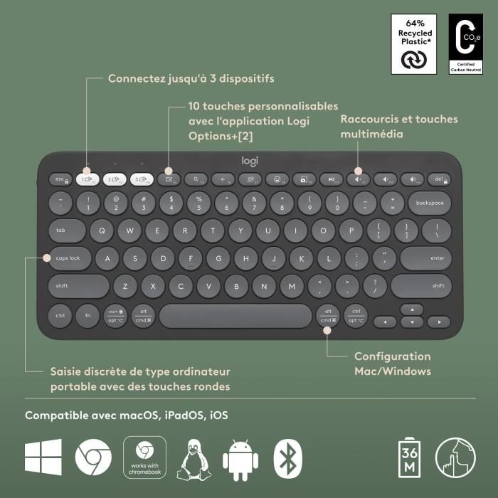 LOGITECH - Wireless keyboard - Pebble Keys 2 K380s - Bluetooth - Easy-Switch button - Graphite - (920-011803)