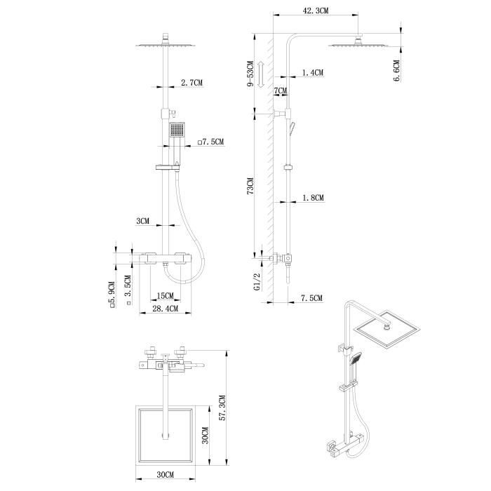 Oceanic shower column - Thermostatic mixer Cold body - High square apple 30x30 cm - matt black