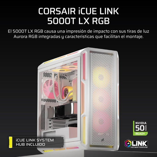 ATX PC Case - CORSAIR - 5000T LX RGB - 3 LX120 RGB Fans - Aurora RGB Lighting - White
