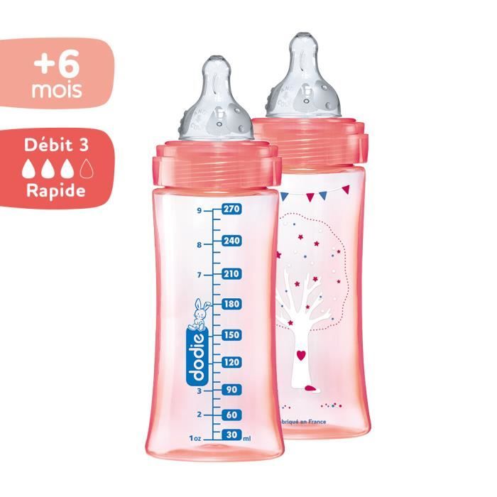 DODIE Lot of 2 anti-colic bottles Initiation + - 330ml - ROSE DANCER - round teats 3 speeds flow 3