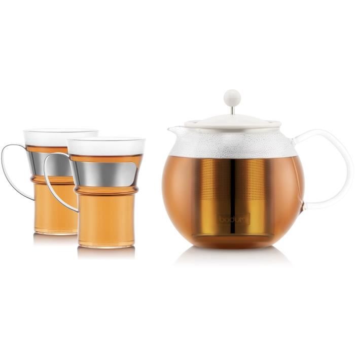 Teapot with plunger - BODUM - ASSAM SET - 1.0 l with stainless steel filter, plastic lid + 2 glass cups with stainless steel handle 0.35 l