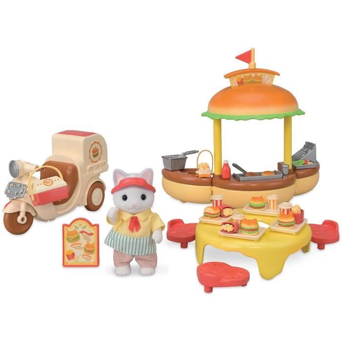 SYLVANIAN FAMILIES Food Playset - Hamburger Stand - Papa Cat Latte and Scooter