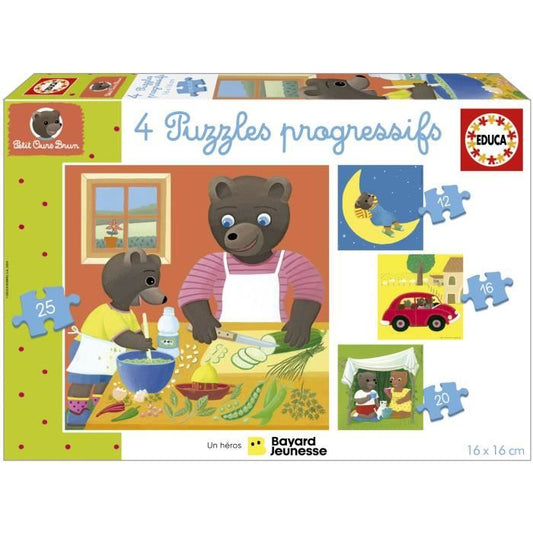 Puzzle - EDUCA - Little Brown Bear: 4 progressive puzzles for children from 12 to 25 pieces from 3 years old