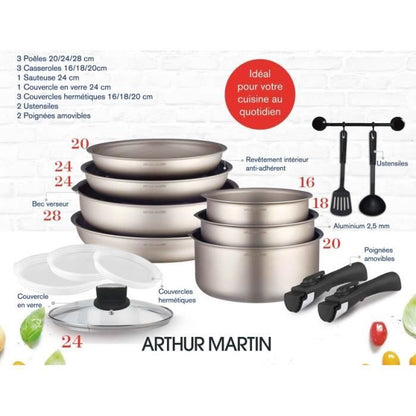 Cooking battery Arthur Martin AM133ch 15 pieces - aluminum - Removable handle - All lights including induction