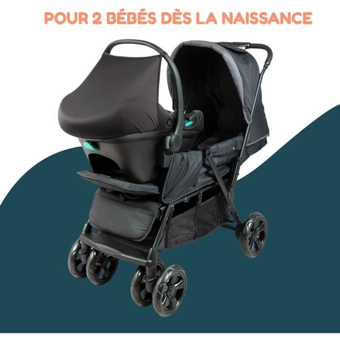 Double twin stroller - BAMBISOL - Combined Double Stroller + I-size Car Seat - 4 wheels - Black