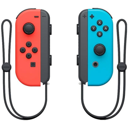 Nintendo Switch console with a neon red joy-con and a neon blue joy-con