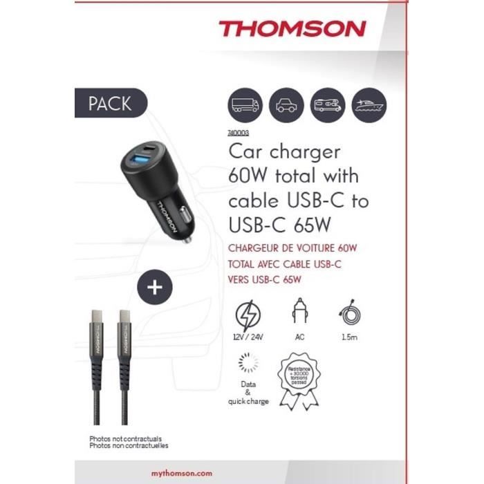 Charger + cable pack - THOMSON - 60 W car charger - 65 W C to C cable - 1.5 m