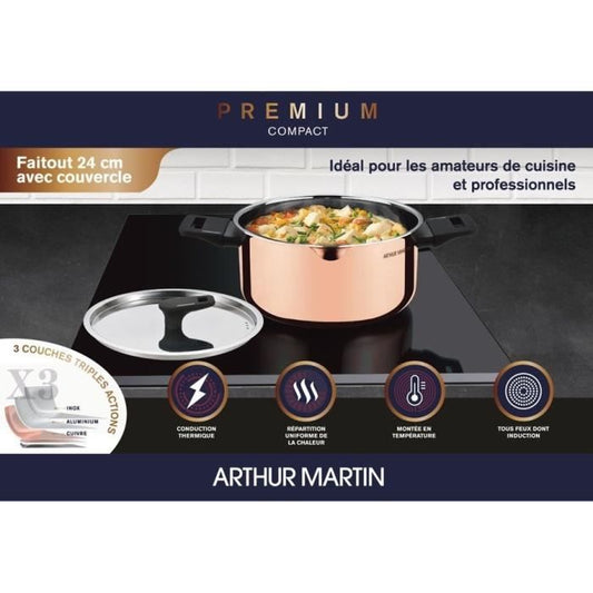 24 cm Dutch oven - ARTHUR MARTIN - AM945GT - 3 triple action layers: copper, aluminum, stainless steel - All heat sources including induction