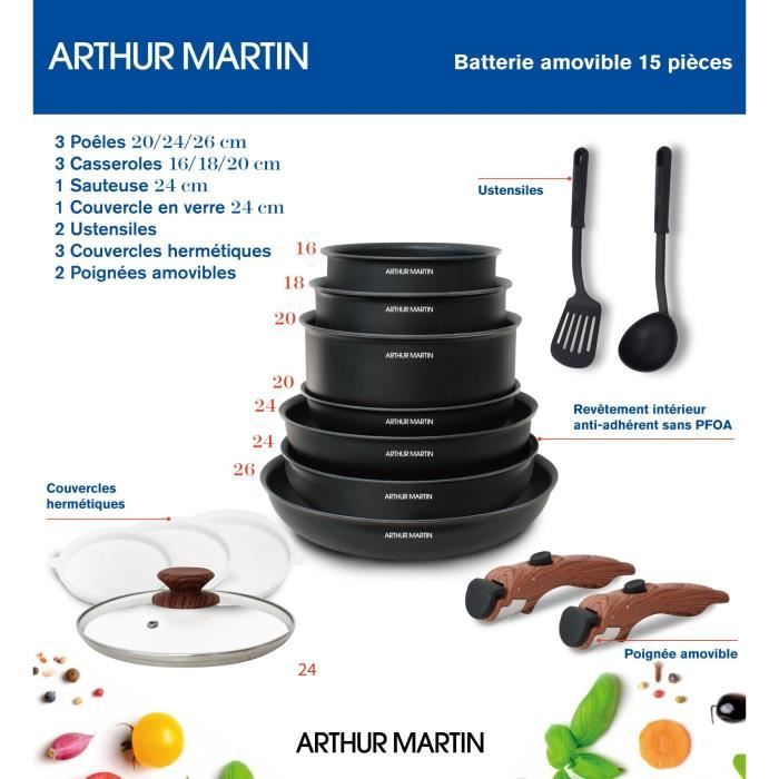 Arthur Martin AM1502 15-piece cookware set - removable wood-effect handle - all heat sources including induction