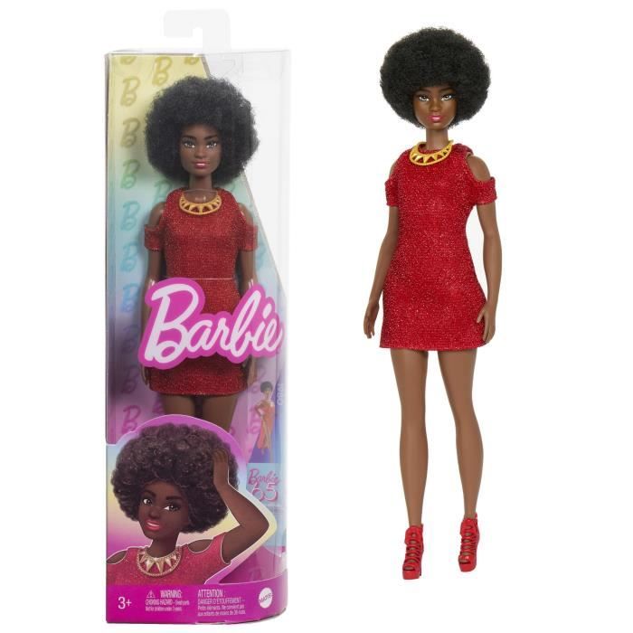 Barbie-Fashionistas 221-Doll with black hair and red dress HRH18