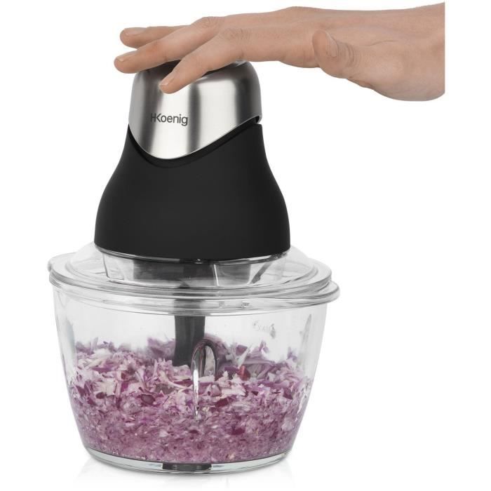 Mini electric chopper - H.Koenig - LEO8 - 320 W - 1 L glass bowl - Stainless steel blades - Matt black and chrome